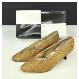 VTG Valerie Stevens Gold Beaded Leather Sole Shoes