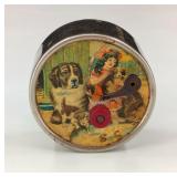 Antique Swiss Metal Music Box St Bernard & Girl