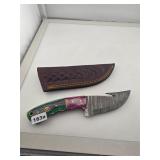 Damascus Steel Gut Hook Knife Leather Sheath