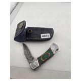 Damascus Steel Folding Pocket Knife w Sheath