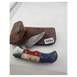 Damascus Steel Folding Knife Leather Sheath