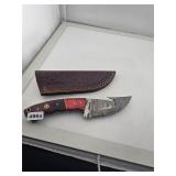 Damascus Steel Gut Hook Knife Leather Sheath