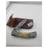 Damascus Steel Folding Knife With Leather Case