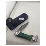 Damascus Steel Folding Knife With Blue Sheath
