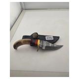 Damascus Steel Skinning Knife Bone Handle Sheath