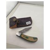 Damascus Steel Folding Knife With Sheath 358a