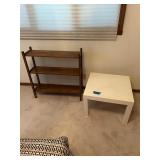 White plastic table, book shelf