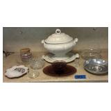 Tureen, pewter bowl, dishes