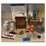Musical box, playing cards, office supplies