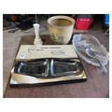 Ceramic pot, chrome dish, crystal serving tray