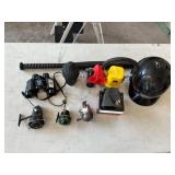 Baseball helmet, bat, reels, horns