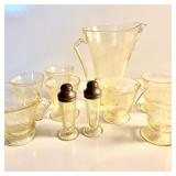 VINTAGE YELLOW DEPRESSION GLASS PITCHER W/ TEA SET
