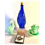 BLUE GLASS FISH BOTTLE + JADEITE + FISH BROOCH