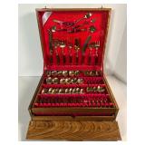 MIDCENTURY FLATWARE SET, BRASS IN WOOD HANDLES