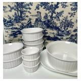 WHITE CORNING BAKING SET, BLUE TOILE TABLECLOTH