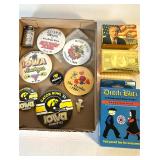 IOWA HAWKEYES VINTAGE BUTTONS, MISC. CARDS