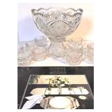 VINTAGE CRYSTAL PUNCH BOWL & MIRRORED CENTERPIECE