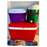 (3) VINTAGE HARD COOLERS, USA FLAG 6 FT. POLE SET