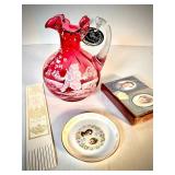 FENTON RUBY GLASS- MARY GREGORY PITCHER W/ TAG