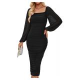 ZESICA szMed Ruched Bodycon Midi Dress Puff Sleeve