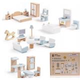 ROBURD Wooden Dollhouse Set, 23Pcs 3+