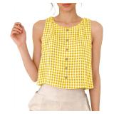 SzSm Gingham Crop Tank Top Cotton Linen Vest