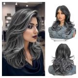 Dark Grey Mix Wig with Curtain Bangs 18'