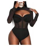 L Mesh Mock Neck Bodysuit Leotard Top
