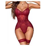 SzM Avidlove Lace Bodysuit with Garter Belt Set