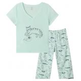 (M)YIJIU Women Pajamas Cat Short Sleeve Capri Set