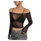 SzXS SHENHE Women's Off Shoulder Mesh Cropped Top