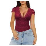XL Saslax Deep V Lace Bodysuit, Short Sleeve