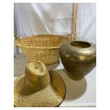 Brass Urn, basket & straw hat