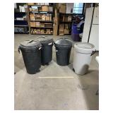4 Lg Plastic Trash Cans, 3 w/ Lids, 3 w/ Wheels