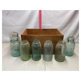 Wood Crate and Assorted Vintage Jars