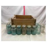 Wood Crate and Assorted Vintage Jars