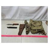 Military Items: Knife, Holster, Trench Tool, Bag