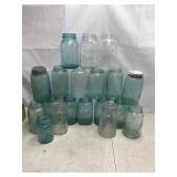 Large assortment blue & clear canning jars