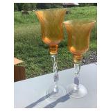 Pretty Amber Painted Glass Candlestick