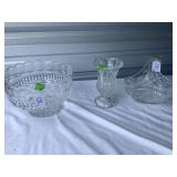 Glass Punch Bowl, Basket and Vase