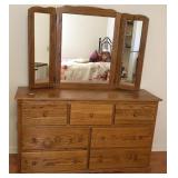 Pretty Maple Dresser w/ Tri Fold Mirror-60x19 Ins