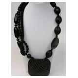 Carved Black Pendant Multi-Strand Necklace