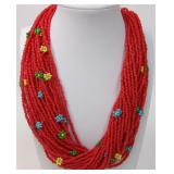 Red Glass Seed Bead Multi-Strand Floral Necklace