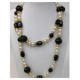 Long Faux Pearl Black & Gold Beaded Necklace