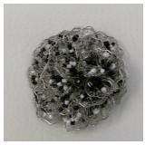 Silver Mesh Black & White Beaded Flower Brooch