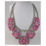 Chunky Pink Silver Rhinestone Statement Necklace