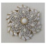 Crown Trifari White Enamel Filigree Lace Brooch