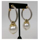 Silver & Gold Cable Lg Faux Pearl Dangle Earrings