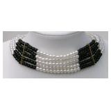 Black Beads & Faux White Pearl 5-Strand Choker