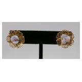 Gold Tone Filigree Pink Porcelain Rose Earrings